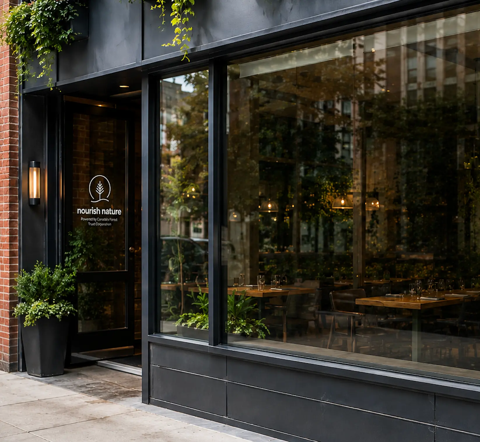 Modern restaurant storefront with a Nourish Nature decal on the door and greenery