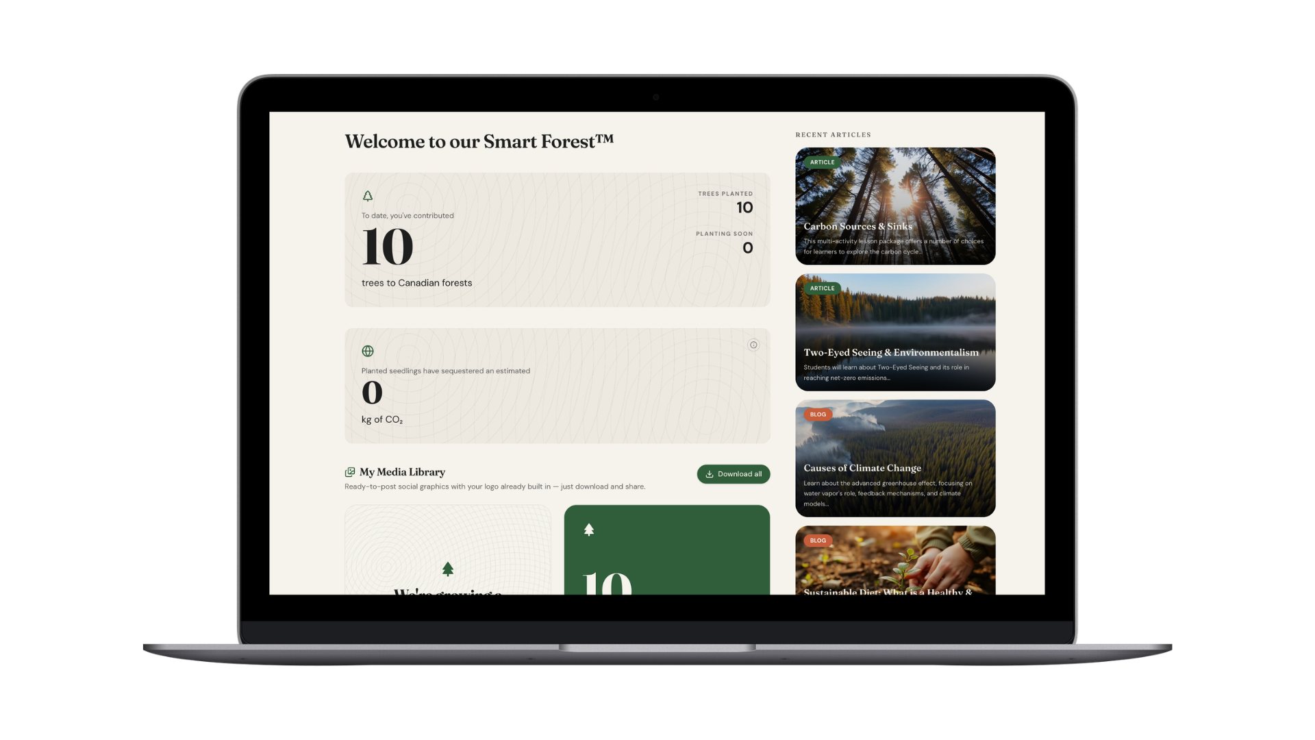Smart Forest dashboard mockup showing climate impact tracking