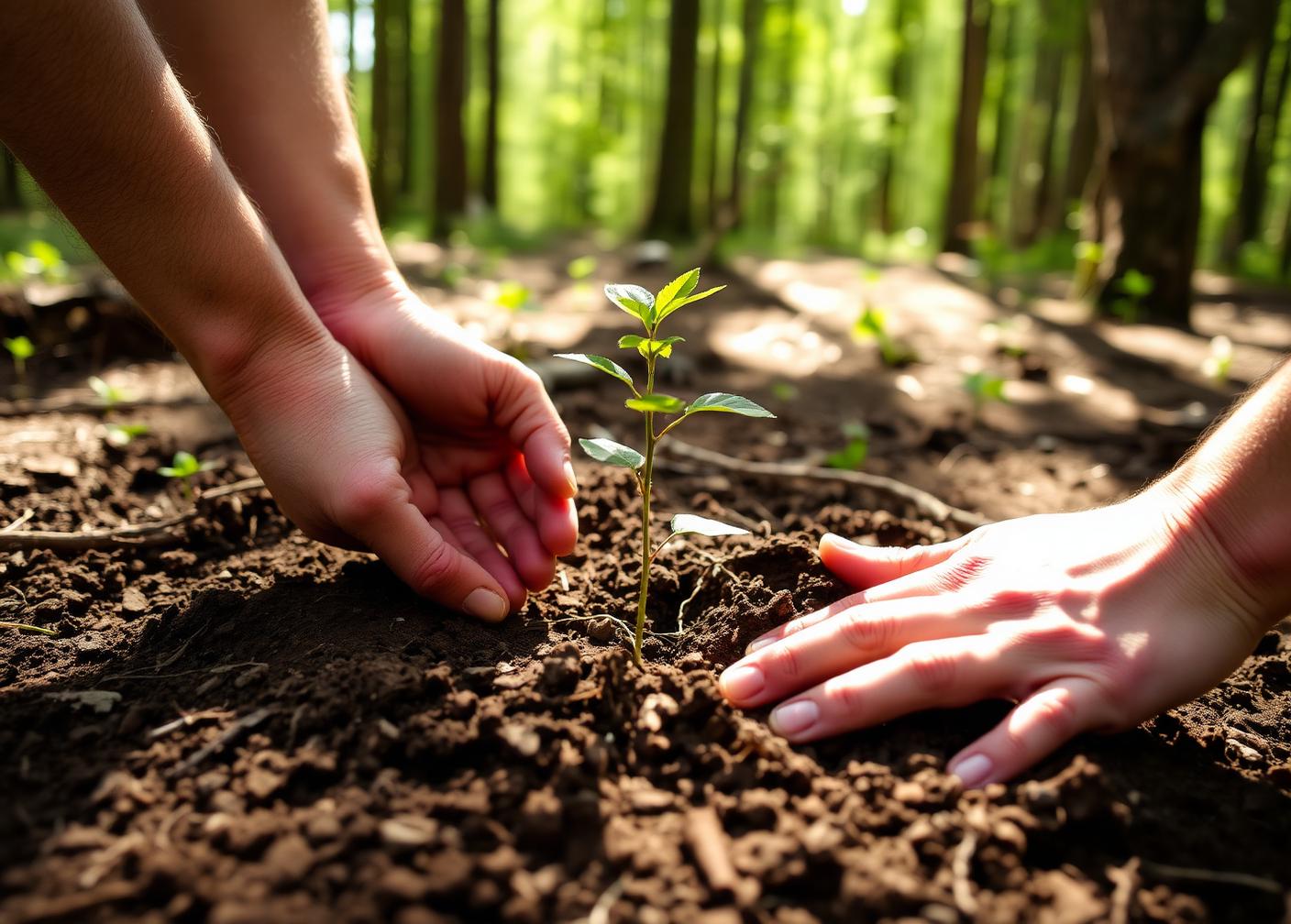 Hands planting a tree seedling in forest soil