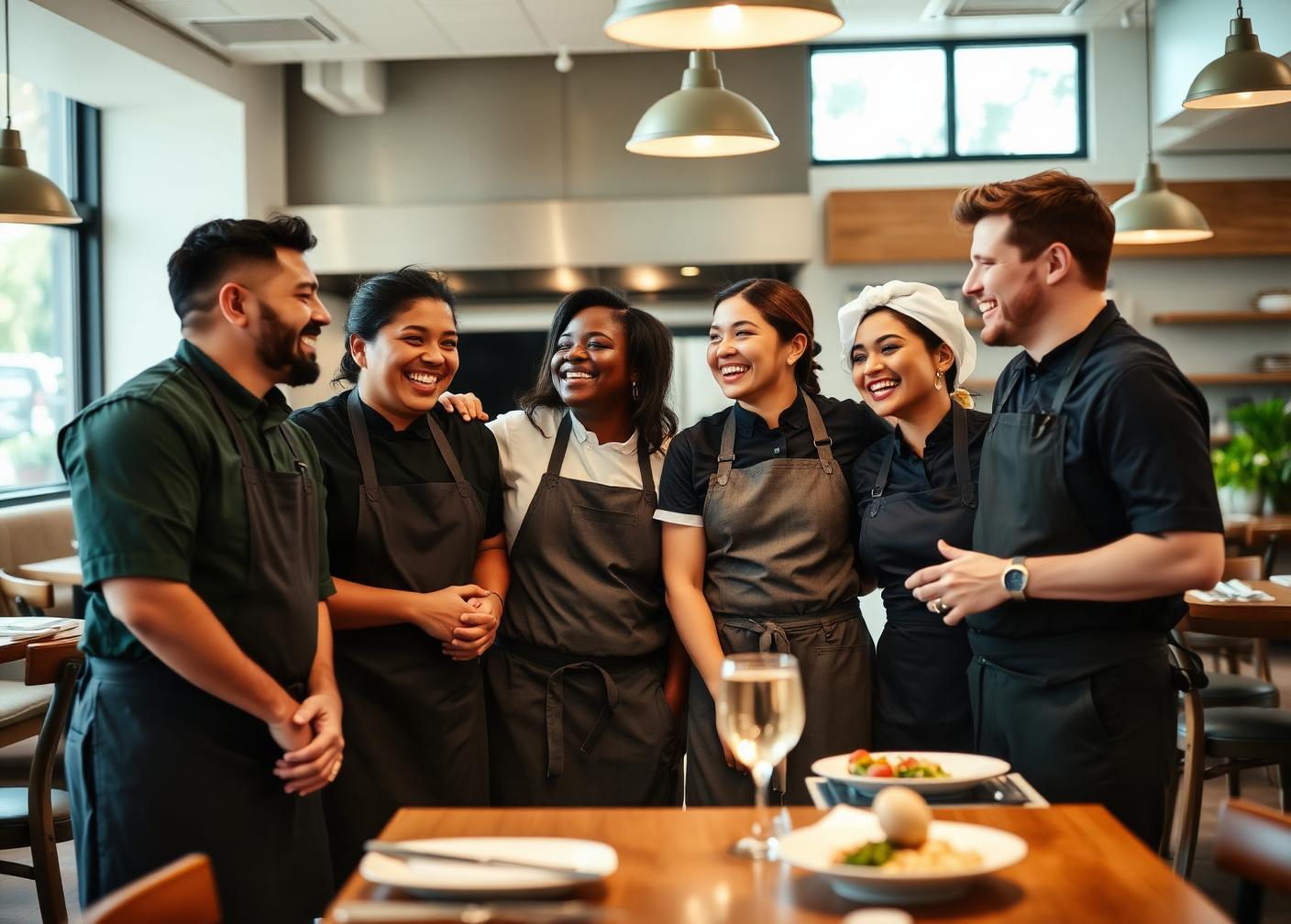 Restaurant team laughing together in a bright dining room